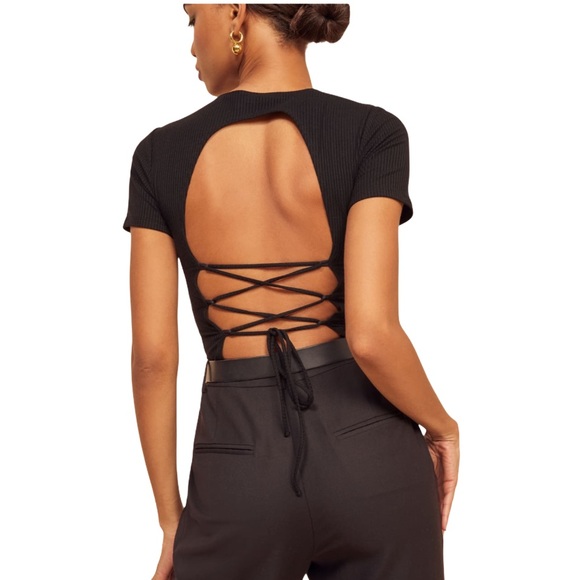 Reformation Tops - Reformation Pablo Ribbed Tie Back Open Back Top XS